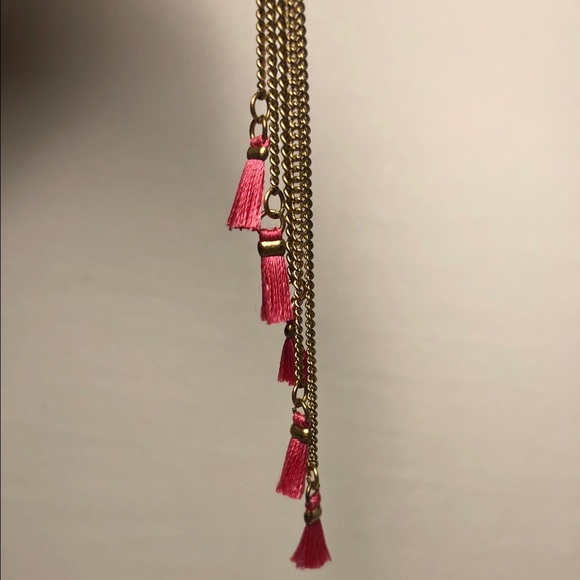 Dangling Gold Finish Earrings with Pink Tassels - Picture 3 of 4